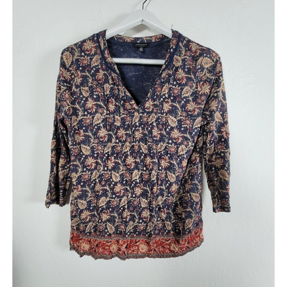 Lucky Brand Womens Floral Boho Print 3/4 Sleeve V-neck Top Large Blue Red Casual